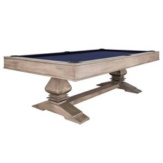 a pool table with a blue cloth on the top and two legs, in an antique finish