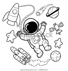 black and white drawing of an astronaut floating in space with rockets, stars and planets around him