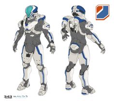 two different views of the robot suit, one in grey and white with blue accents