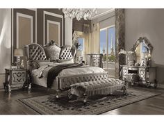 Versailles Velvet & Antique Platinum Eastern King Bed - Ornate Home Eastern King Bed, Lined Drawers, Button Tufted Headboard, Wood Drawer, Ornate Furniture, Tufted Headboard, Wood Drawers, King Bed, Beveled Mirror