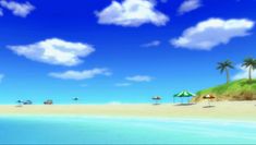 an animated beach scene with palm trees and umbrellas