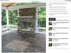 a screen shot of an outdoor living room with wood flooring and a stone fireplace