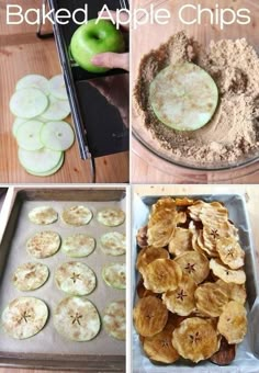 four pictures showing baked apple chips in different stages of being cut up and put into baking pans