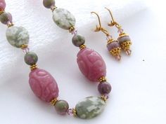 Purple and Green Jade Jewelry Set, Lavender, Pink, Carved Jade Necklace Earrings, Peace Jade, Swarov Pink Adjustable Jade Jewelry, Handmade Jade Jewelry For Weddings, Pink Jade Jewelry With Natural Stones, Pink Jade Jewelry As A Gift, Pink Jade Jewelry Gift, Pink Jade Jewelry For Gift, Elegant Pink Jade Jewelry, Wedding Jewelry With Natural Jade Stones, Earrings Peace