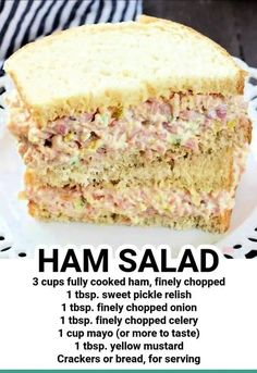 a sandwich on a plate with instructions for how to make ham salad in the microwave