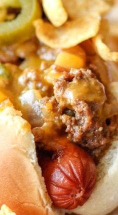 a close up of a hot dog on a bun with toppings and potato chips