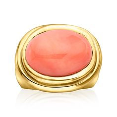 Ross-Simons - C. 1970 Vintage Red Coral Ring in 18kt Yellow Gold. Size 6. C. 1970. The unique hue of red coral is as popular as ever today. Take this Estate collection ring, for example. A bold 17.5x13mm oval cabochon of the gem assumes an east-west orientation, surrounded by a step-style frame of mirror-bright 18kt yellow gold. An attention grabber, to be sure, but also that perfect pop of color to complement your outfit. 1/2" wide. Red coral ring. Exclusive, one-of-a-kind Estate Jewelry. Formal Coral Ring, Elegant Coral Rings For Anniversary, Red Coral Ring, Attention Grabber, Coral Ring, East West, Red Coral, Oval Cabochon, Color Theory