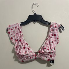 Sold Out On Website Hot Topic Brand Nwt Adorable Strawberry Print Size Small Adjustable Straps Strawberry Swimsuit Aesthetic, Summer Strawberry Print Swimwear, Spring Strawberry Print Swimwear, Trendy Ruffled Swimwear For Spring, Strawberry Print Swimwear For Spring Beach, Spring Strawberry Print Swimwear For Beach, Casual Ruffled Swimwear, Casual White Ruffled Swimwear, Strawberry Swimsuit