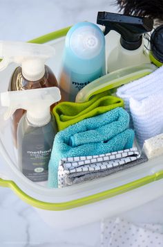 a container filled with cleaning products and personal care items