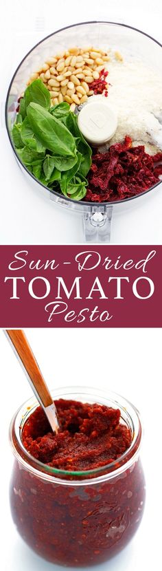 the ingredients for tomato pesto in a glass bowl