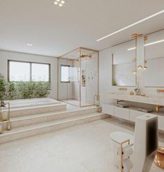 a large bathroom with white walls and flooring