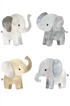 three elephants are shown in four different colors and sizes, one is gray, the other is white