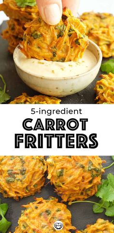 a person dipping some food into a bowl with the words, 5 ingredient carrot fritters