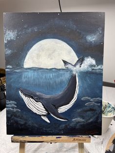 an acrylic painting of a whale jumping out of the water with a full moon in the background