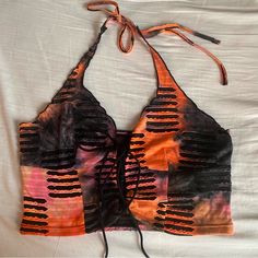 Orange, Black, And Purple Halter Crop Top With Adjustable Ties. Never Worn! Black Y2k Top For Beach, Y2k Black Tops For Beach, Black Y2k Beach Tops, Black Y2k Style Tops For Beach, Shifting Closet, Random Clothes, Top Ideas, Black And Purple, Halter Crop Top