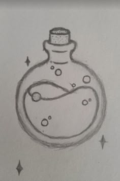 an ink drawing of a bottle with bubbles in it and a star on the side