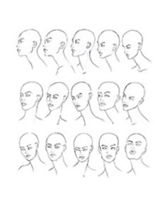 a line drawing of various heads and faces with different angles to each face, including the head