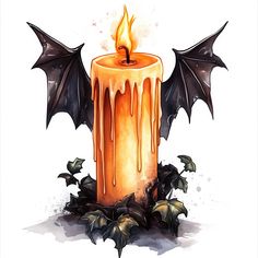 a burning candle with bats on it