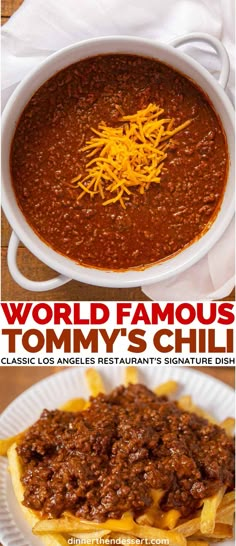 the recipe for world famous tommy's chili is shown in two different pictures, one with