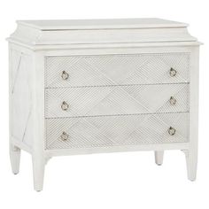 a white dresser with drawers and knobs on the bottom, in front of a white background