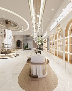 the interior of a luxury store with chandeliers