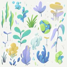 an assortment of plants and flowers painted in pastel colors