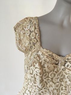 Vintage 1950's Beige Lace Party Dress with Sequin Details, Size medium Gold Lace Dress For Party, Beige Lace Dress With Lace Sleeves For Party, Cream Lace Dress For Party, Gold Lace Party Dress, Cream Party Dress With Lace Sleeves, Beige Scalloped Lace Dress For Party, Beige Lace Dress For Evening, Vintage Beige Lace Dress For Party, Cream Fitted Lace Dress For Party