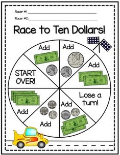 the race to ten dollars game is shown with money on it and an image of a car