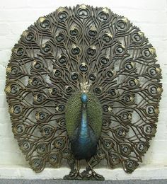 a peacock is standing in front of a white brick wall and it's feathers are spread out