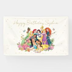 a birthday banner with disney princesses and the words happy birthday splen on it