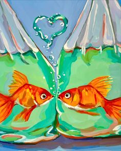 two goldfishs in an open book with water and heart shaped bubbles above them