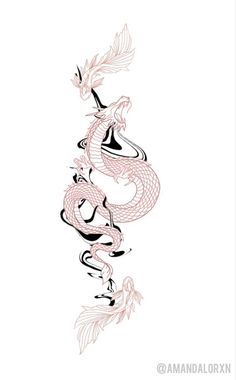 a drawing of a dragon on a white background with black and pink ink in it