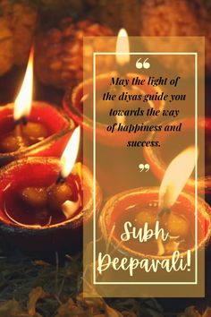 candles with the words, may the light of the diyas guide you towards the easy happiness and success