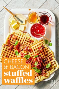 cheese and bacon stuffed waffles on a plate with ketchup, mustard, butter and jelly