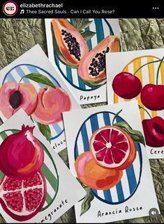 four cards with pictures of pomegranates and other fruit on them, all in different colors