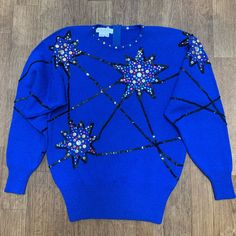 Rare Antonella Preve New York Royal Blue Sweeter Embroidered Studded And Sequined Stars Size Small. This Sweeter Is Stunning! A True Statement From The Late 80's 90's Or Early 2000’s. Not Exactly Sure About Which Of These Years Is From But Certainly Is Unique And Bring Some Nostalgia And Fabulous Vibes.Timeless Piece To Wear In Any Decade. It Has Minor Signs Of Wear And Imperfections On The Sequins, Not Very Noticeable. The Studs And Stones Are Intact. It Has Small Spot On The Front Part, Not Very Noticiable And May Come Off. This Is Shown In Pictures, Please See This Along With Measurements. Item Is Priced Accordingly. Ideal For The Holidays Or New Year's Eve! Smoke And Pet Free Home. Hav Early 2000’s, Vintage Knitting, New Year's, Yorkie, Royal Blue, Sweaters For Women, Im Not Perfect, Holidays, New York