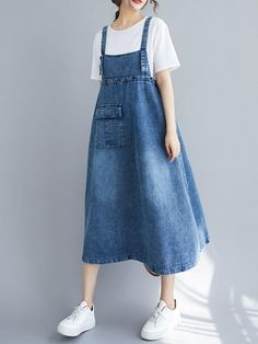 Casual Blue Denim Dress With Pockets, Blue Denim Dress With Pockets, Knee-length Light Blue Denim Dress With Pockets, Blue Washed Cotton Denim Dress, Spring Blue Denim Dress With Pockets, Blue Non-stretch Denim Dress, Light Blue Denim Dress With Pockets For Spring, Blue Non-stretch Casual Denim Dress, Casual Non-stretch Blue Denim Dress