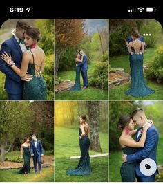 the couple is posing for pictures in their wedding attire and tuxedo, while they are embracing each other