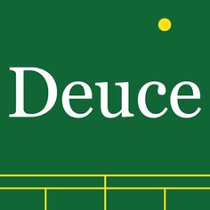 a tennis court with the word deuce written in large white letters on green background