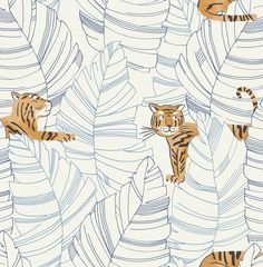 Hiding Tigers Wallpaper in Orange and Sky Blue from the Day Dreamers Collection by Seabrook Wallcoverings Tigers Wallpaper, Tiger Wallpaper, L Wallpaper, Drops Patterns, Pet Tiger, Wallpaper Rolls, Tropical Forest, Orange Wallpaper, Nursery Wallpaper