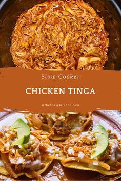 slow cooker chicken tinga with avocado and salsa