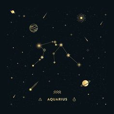 the zodiac sign aquarius with stars and planets in the sky above it, on a black background