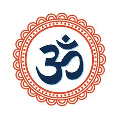 the om shan symbol in an orange and blue circle on a white background with red accents