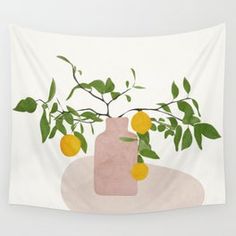 an orange tree with lemons in a pink vase on a white background wall tapestry