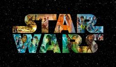 the star wars logo is shown in front of a black background with many different characters