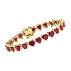 Ross-Simons - 18.00ct t. w. Ruby Heart Tennis Bracelet in Gold Over Sterling. 7". An RS exclusive. Rich in color and classic in style, this fiery 18.00 ct. t. w. heart-shaped ruby tennis bracelet is a charming addition to your everyday stacks. Crafted in polished 18kt yellow gold over sterling silver. Double-latch safety. Box clasp, ruby heart tennis bracelet. Ruby birthstones are the perfect gift for July birthdays. Fine Jewelry Heart Cut Bracelet For Valentine's Day, Classic Heart Cut Bracelets For Valentine's Day, Formal Fine Jewelry Heart Bracelet For Valentine's Day, Classic Heart Bracelets For Valentine's Day, Classic Round Heart Bracelet For Valentine's Day, Classic Heart Jubilee Bracelet For Valentine's Day, Heart Cut Tennis Bracelet As Gift, Heart Cut Tennis Bracelet Gift, Classic Bracelets For Anniversary On Valentine's Day