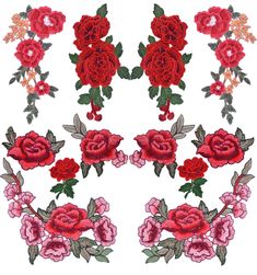 red roses with green leaves and pink flowers on white background, set of embroidery appliques