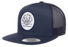 a blue trucker hat with an octopus on the front and white patching around the peak