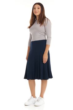 The Navy Blue Florence A-line skirt is a simple yet stylish, and flattering, below knee length panel skirt. It is made of a soft, stretchy fabric that is lightweight, comfortable and has fabulous flare. A nice fabric to dress up for the holidays, or dress down for work. Modest / Tznius A-line flary modest skirt Pull-on closure No pockets No slits Below knee-length Skirt length: Sizes XS-S: 24" M-L: 25" XL: 25.5" 1X-3X: 26" Machine wash cold inside out, hang/line to dry Slim models range from 5'5 Stretch A-line Skirt For Work, Fitted A-line Maxi Skirt With Gathered Detail, Stretch A-line Gathered Skirt Bottoms, Modest Stretch Midi Skirt, Fitted A-line Maxi Skirt With Lining, Fitted A-line Elastane Bottoms, Stretch A-line Maxi Skirt, Blue Fitted A-line Maxi Skirt, Stretch Midi-length Pleated Skirt For Workwear