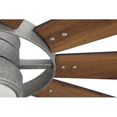 a ceiling fan with wood and metal blades